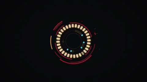 Red alert HUD circle interface rotating with glowing segments and gold rings Stock Footage 347363363