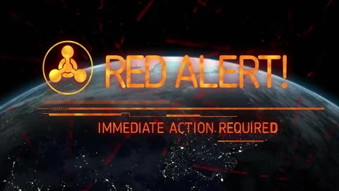 Red alert message being displayed over glowing Earth orbit, featuring hazard Stockbeeldmateriaal 309111075