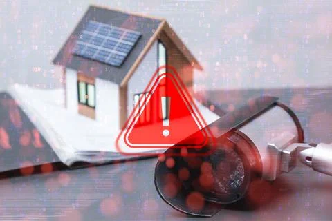 Red alert triangle over security camera, binary code overlay, and smart hom.. Stock Photos