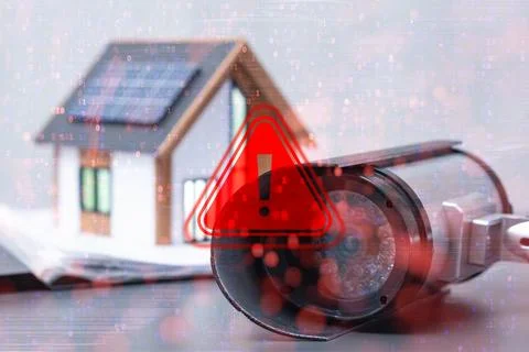 Red alert triangle over security camera, binary code overlay, and smart hom.. Stock Photos