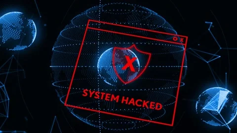 Red alert window emerging over holo globe tilting and glitching while SYSTEM Stock Footage 335732059