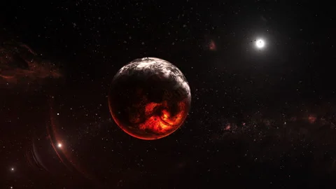 Red Alien Planet Engulfed in Volcanic Eruptions. Burning Planet. Stock Footage 300383189