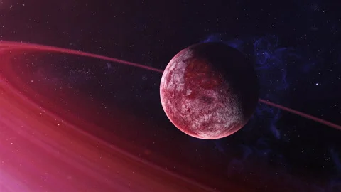 Red Alien Planet Surrounded with Red Asteroid Ring. Strange New Worlds. Stock Footage 300382886