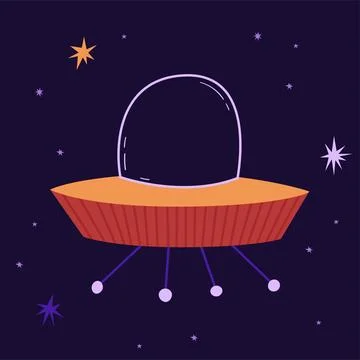 Red alien ship on the background of the starry sky vector illustration. Funny Stock Illustration