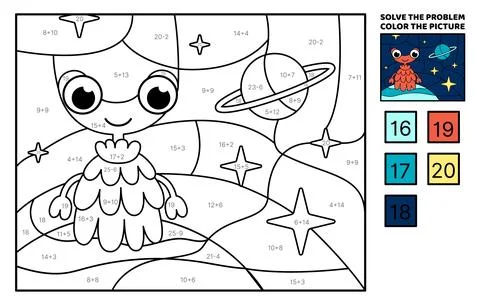 Red alien in space. Solve the problem, color the picture. Coloring book. Vector 스톡 일러스트