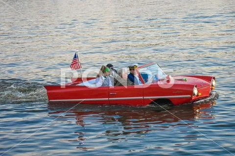Red amphibious car launch Stock Photos