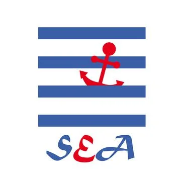 The red anchor on blue waves and the word SEA Stock Illustration
