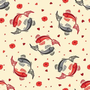 Red and black carp with flowers and petals Stock Illustration