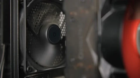 The Red and Black Cpu Cooler On The Motherboard Is Spinning. Computer Cases. Sel Stock Footage 147868359