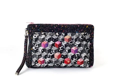 Red and black cubes pattern patchwork mini zipper bag Fotos de archivo