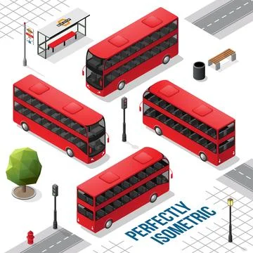 Red and Black Double Decker Isometric Bus from the Front Back Right and Left Stock Illustration