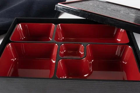 Red and black empty bento box, traditional japanese tray made for lunch Stock Photos