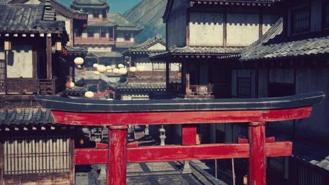 A red and black gate and some buildings Ilustración de archivo