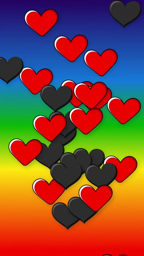 Red and Black Hearts Falling Against a Vibrant Rainbow Gradient Background Stock Footage 342118955