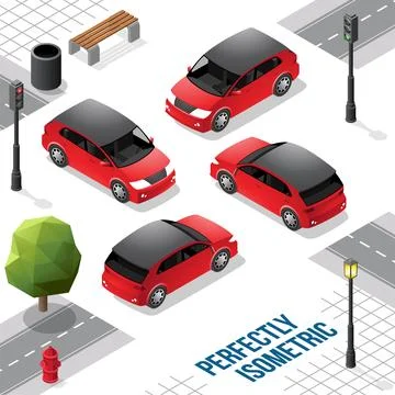 Red and Black Isometric Hatchback Car from Front Back Right and Left Stock Illustration