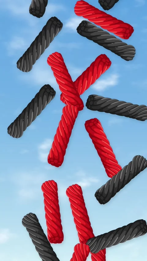 Red and Black Licorice Twists Falling Through a Blue Sky Stockbeeldmateriaal 344848754