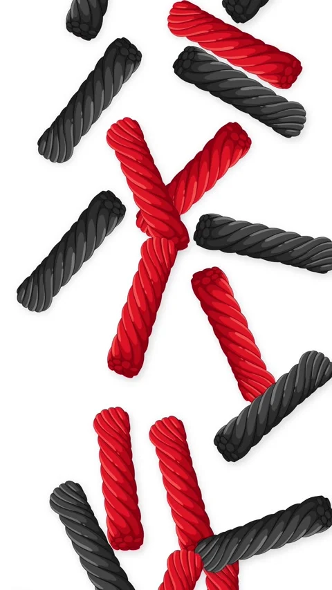 Red and Black Licorice Twists Falling on White Background Stock Footage 345118016