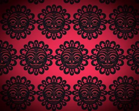 Red and Black Pattern with Sun Faces and Floral Rays Stock Illustration