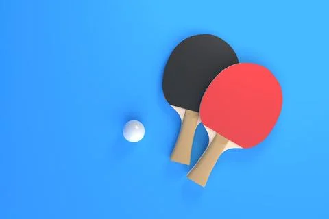 Red and black rackets for table tennis with white ball on blue background Stock Illustration