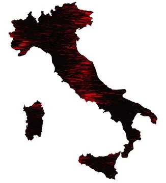 Red and black scribble stylized map of Italy. Raster version Illustrazione stock