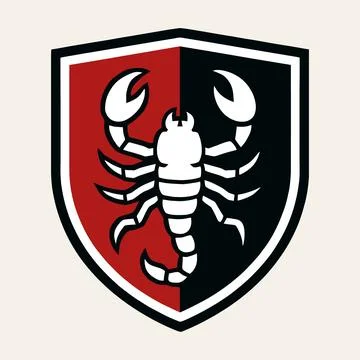 Red and Black Shield with White Scorpion Graphic Design Stock Illustration