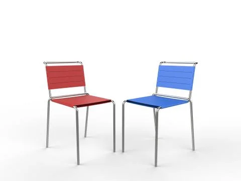Red and blue aluminium chairs with cloth straps - 3D render Illustrazione stock