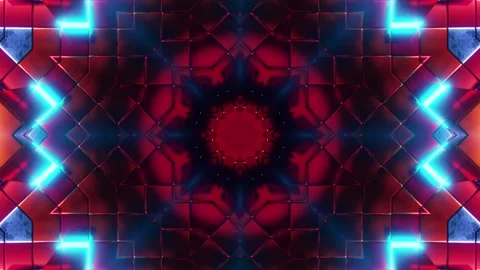 Red and blue circular object with blue lights around it. Kaleidoscope VJ loop Stock Footage 252351846
