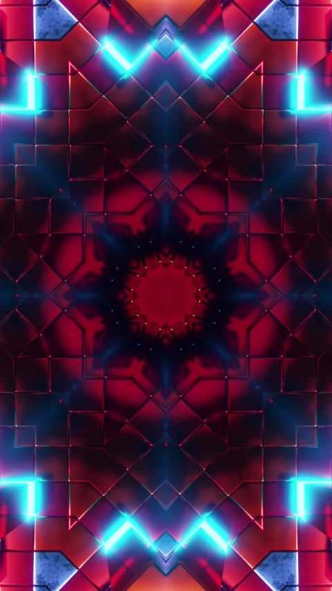 Red and blue circular object with blue lights around it. Kaleidoscope VJ loop Video stock 314100603