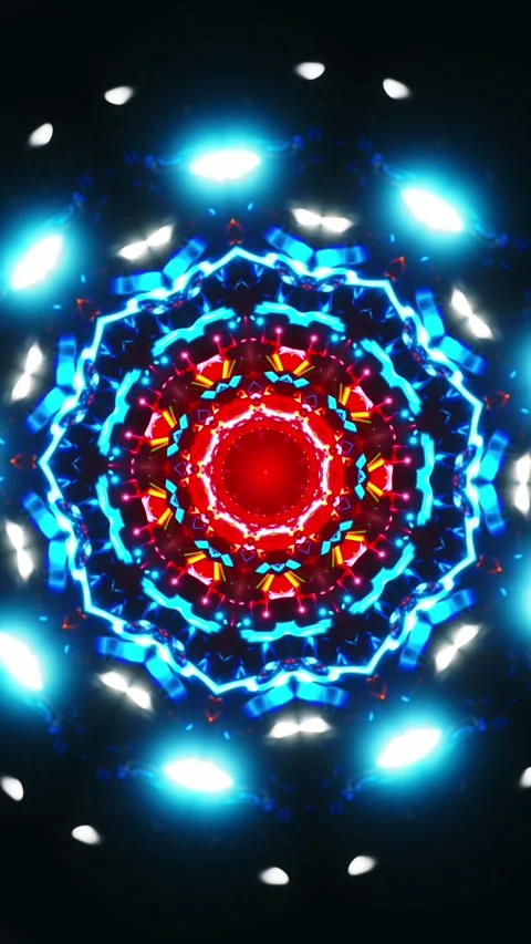 Red and blue circular pattern with lights. Kaleidoscope VJ loop Vertical. 3D Stock Footage 313884107