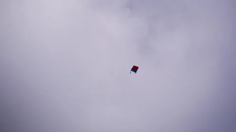 Red and blue colored kite flying in a white sky Stock Footage 258637022