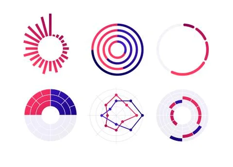 Red and blue diagram group of radar, heat map, donut, radial histogram Stock Illustration