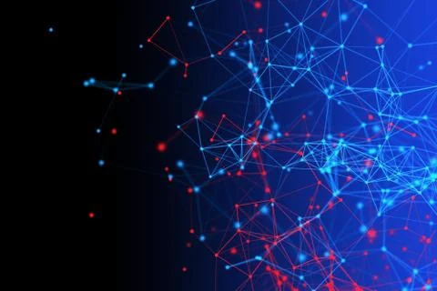 Red and blue digital data and network connection triangle lines and spheres i Stock Illustration