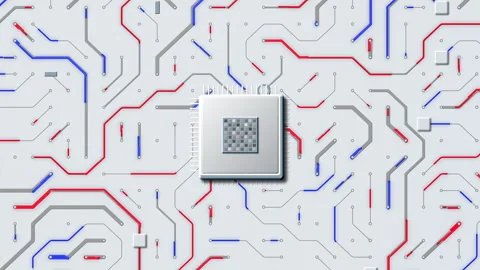 Red and Blue Electric Currents Around Centered Microchip Loop Video stock 346067402