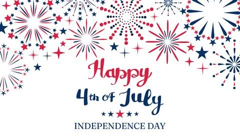 Red and blue firework bursts frame the top of a white background with Happy.. Stock-Illustration