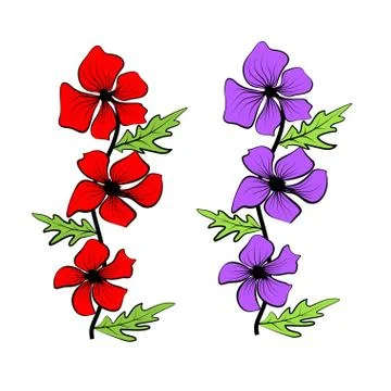 Red and blue flowers. Set on colorful flowers backdrop. Graphic floral patter Stock Illustration