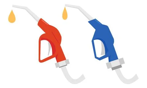 Red and blue fuel pump nozzles with dripping oil representing petrol statio.. Иллюстрация