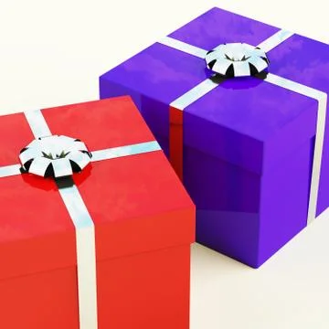 Red and blue gift boxes with silver ribbons as presents for him and her Stockillustratie