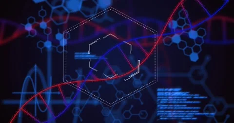 Red-and-blue helix threading from lower-left as hexagonal HUD forming, code Stock Footage 328684638