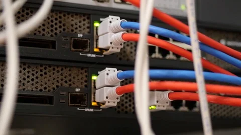 Red and blue internet cables connected to switch Stock Footage 88408893