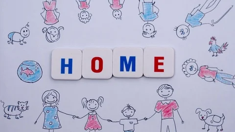 Red and blue letters form the word home on the background of drawing of family. Stock Footage 73552693