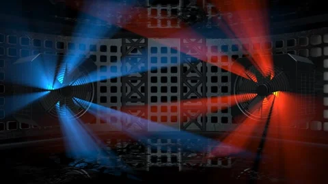 Red and blue light beams sweeping through a dark grid chamber Stock Footage 346778936