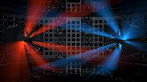 Red and blue light beams crossing a dark grid chamber, 4K illustration Stock Illustration