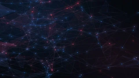 Red and blue luminous points travel across transparent geometric connection.. 库存影片 347287214