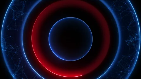Red and blue neon circular technology background glowing rings, network mesh, da Stock Footage 340402939