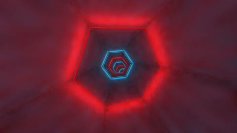 Red and blue neon rays form a hexagonal tunnel, which goes down, changing Stock Footage 130324914