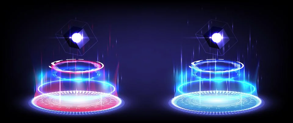 Red and blue neon. Sci-fi digital high-tech collection in glowing HUD. Hologr イラスト素材