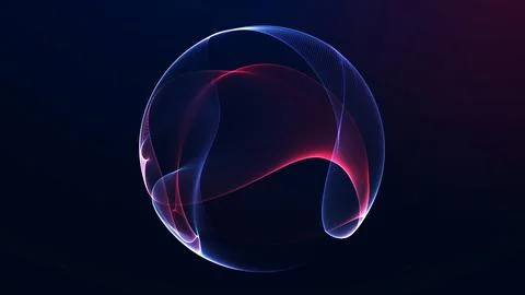 Red and blue neon sphere on dark background. Flowing light mesh, vibrant en.. Stock Illustration