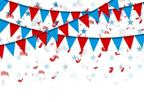 Red and blue party flags abstract USA background with confetti Stock Illustration