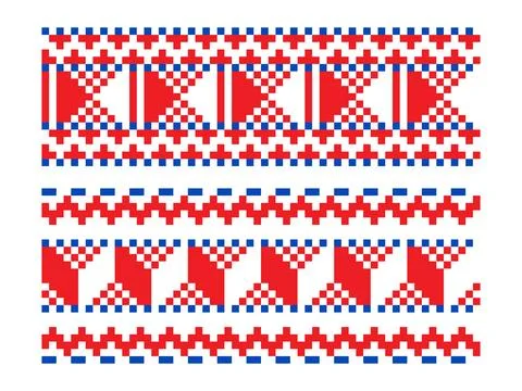 Red and blue pixel repeated ornaments set 스톡 일러스트