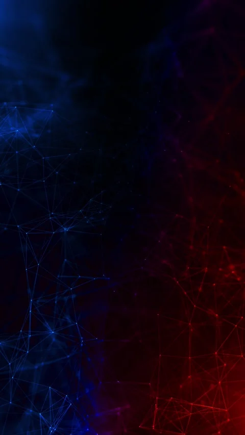 Red and blue plexus network glowing nodes, polygon lines, and dark abstract dept Stock Footage 340572645